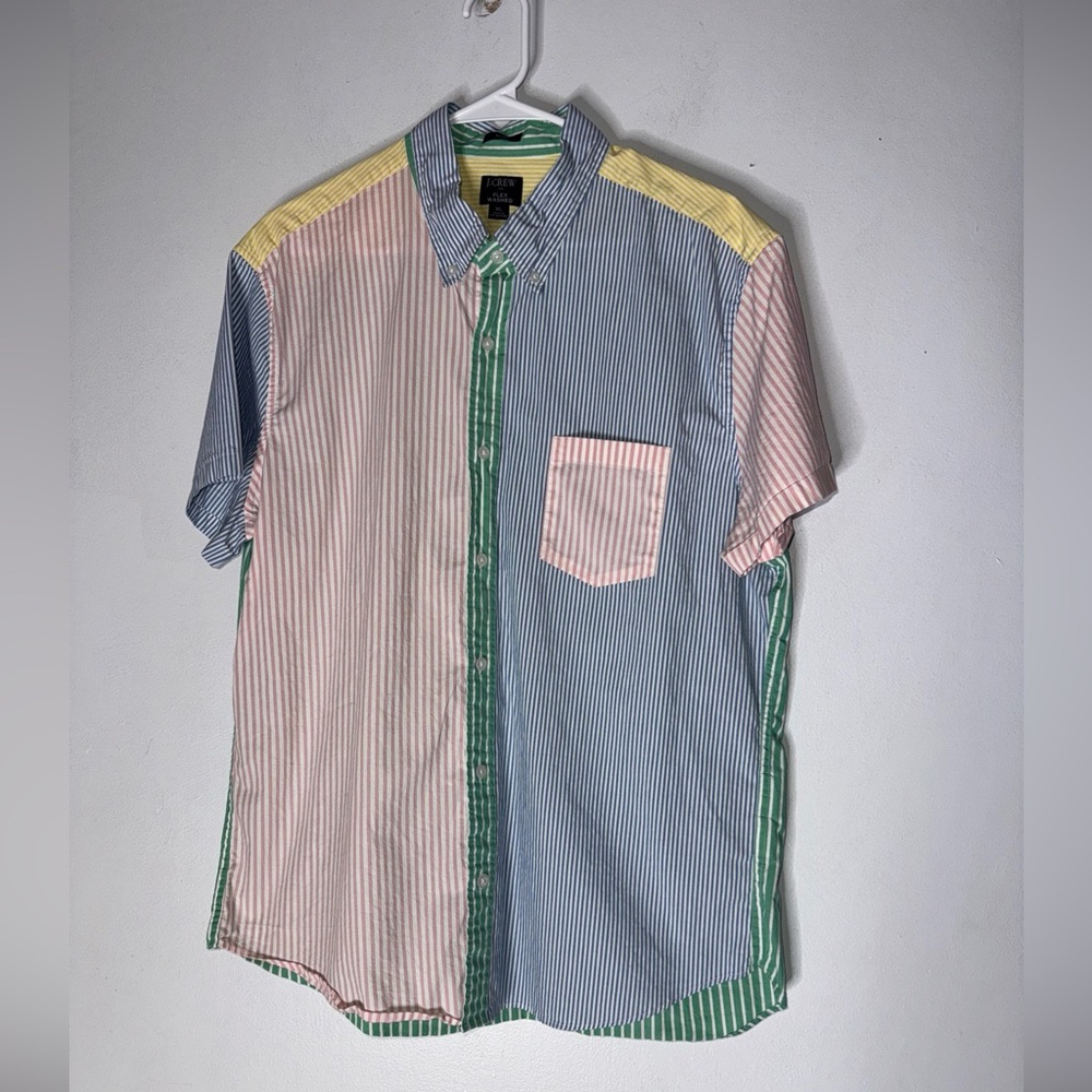 J Crew Factory Shirt XL Pastel Button Down Slim Fit Patchwork‎ Plaid Flex Washed